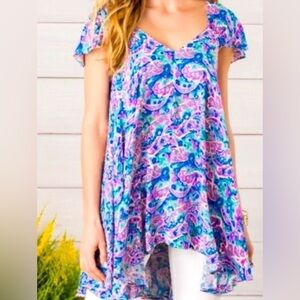 MATILDA JANE In the Maze Asymmetrical Blue/Pink/Cream Paisley Top, Small, EUC.